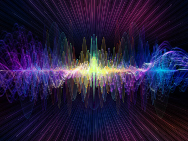 Wave Function series. Backdrop of colored sine vibrations, light and fractal elements on the subject of sound equalizer, music spectrum and  quantum probability