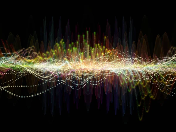 波函数系列 彩色正弦振动 光和分形元素在声均衡器 音乐谱和量子概率问题上的抽象设计 — 图库照片
