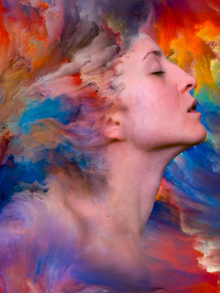 Hennes Världsserie Kreativa Arrangemang Kvinnoporträtt Sammansmälta Med Levande Färg Som — Stockfoto