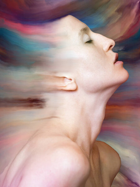 Her World series. Creative arrangement of female portrait fused with vibrant paint for subject of feelings, emotions, inner world, creativity and imagination