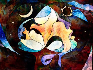 Vitray sonsuza dek serisi. Birbirimizi insan kafaları evrenin semboller ile çevrili ve sevgi, dostluk ve birlik konuda renkli desenler bölü.