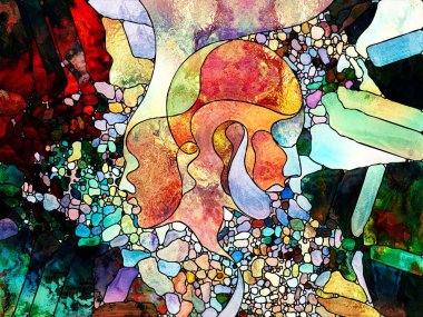 Lekeli Glass Forever serisi. Tasarım, yaratıcılık ve hayal gücü konularında bir metafor olarak insan profilleri, semboller ve renk kalıplarından oluşan tasarım