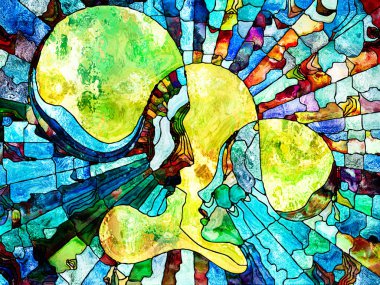 Vitray sonsuza dek serisi. Yetişkin ve çocuk profilleri bölünmüş ve mozaik gerçeklik eğitim, ebeveynlik ve birlik yaşam konusunda birleşti.