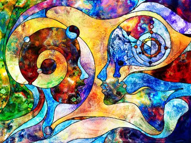 Lekeli Glass Forever serisi. Sanat, uzay bölünmesi ve tasarım konularındaki renk parçalarından, şekil şekillerinden ve sembollerden oluşan soyut tasarım