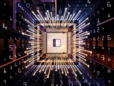 Makine serisi hesaplanıyor. Bilgisayar bilimi, dijital dünya, sanal gerçeklik ve modern teknoloji konularına perspektif olarak Fraktal ortama sahip üç boyutlu CPU çizimi