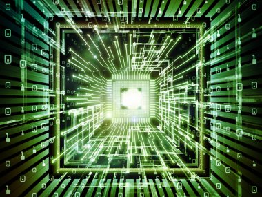 Bilgi işlem makinesi serisi. Cpu 3D çizimi mecazi ilişki bilgisayar bilimi, dijital dünyada, sanal gerçeklik ve modern teknoloji ile perspektif fraktal ortamında ile