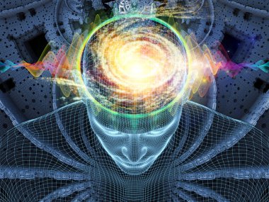 Zihin serisi yayılıyor. insan aklının, yapay zeka ve sanal gerçeklik insan kafası ve fraktal desen için çelik hasır modeli 3D render çalışır