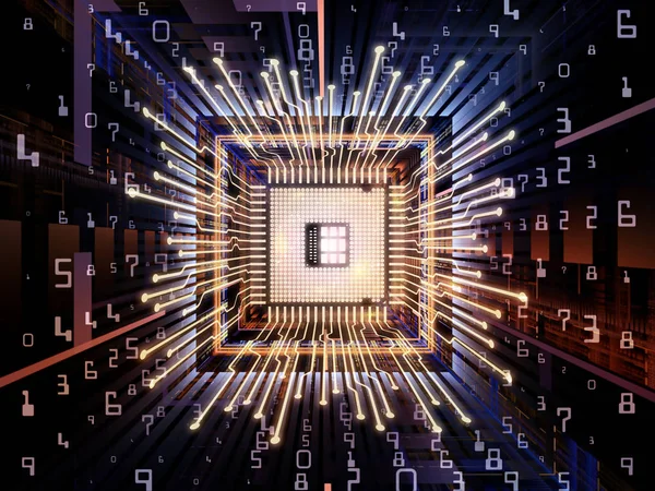 Computing Machine series. 3D illustration of CPU with fractal environment in perspective on the subject of computer science, digital world, virtual reality and modern technology