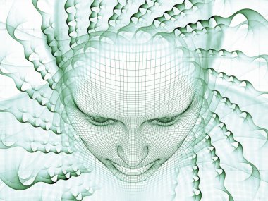 3D render - zihin alan serisi. Tel kafes insan modeli ve fraktal patters yapay zeka, bilim ve teknoloji konusunda başkanı bileşimi