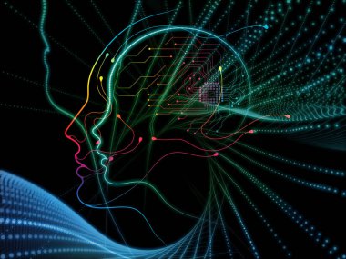 CPU zihin serisi. Bilgisayar bilimi, yapay zeka ve iletişim konusunda insan yüzü siluet ve teknoloji sembollerin fon