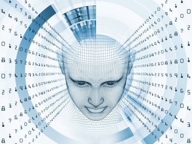 3D render - zihin alan serisi. Yapay zeka, bilim ve teknoloji konusu için tel kafes insan modeli ve fraktal patters başkanı yaratıcı düzenleme