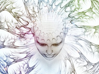 3D render - zihin alan serisi. Tel kafes insan modeli ve fraktal patters yapay zeka, bilim ve teknoloji konusunda başkanı fon