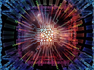 Bilgi işlem makinesi serisi. Arka plan CPU bilgisayar bilimi, dijital dünyada, sanal gerçeklik ve modern teknolojinin projelerde kullanılmak üzere fraktal çevre ile yapılan