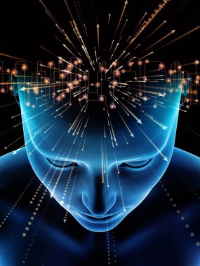 Zihin dizi elemanları. insan kafası ve sembolleri bilim, eğitim ve zihin gücü konusunda teknolojinin 3D çizimi