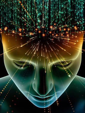 Zihin dizi elemanları. insan kafası ve sembolleri bilim, eğitim ve zihin gücü konusunda teknolojinin 3D çizimi