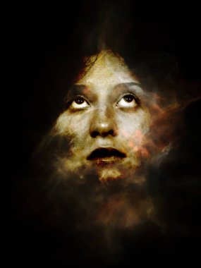 Gerçeküstü toz portre serisi. Fraktal duman ve kadın portre maneviyat, hayal gücü ve sanat konusunda etkileşimi