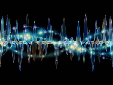 Dalga fonksiyonu serisi. Renkli sinüs titreşimlerin yaratıcı düzenleme, ışık ve fraktal elemanları kavramı mecaz ses ekolayzer, konuyla ilgili olarak müzik spektrum ve kuantum olasılık