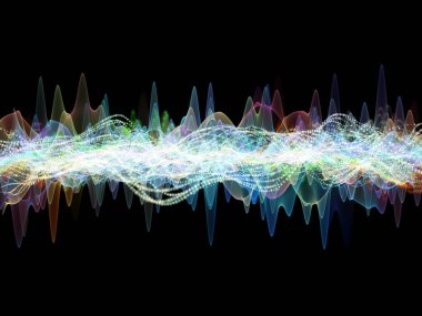 Dalga Fonksiyonu serisi. Ses eşitleyici, müzik spektrumu ve kuantum olasılığıyla ilgili projeler için arkaplan görevi görecek renkli sinüs titreşimleri, ışık ve fraktal elementlerden oluşan tasarım