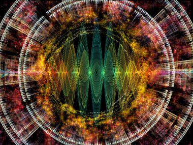 Dalga Fonksiyonu serisi. Renkli sinüs titreşimlerinden, ses eşitleyicisi, müzik spektrumu ve kuantum olasılığına uygun ışık ve fraktal elementlerden oluşan görsel çekici arkaplan