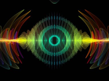 Dalga fonksiyonu serisi. Renkli sinüs titreşimler arka plan kompozisyon, ışık ve fraktal öğeleri ses ekolayzer, konu üzerinde müzik spektrum ve kuantum olasılık