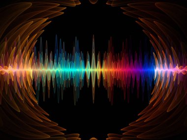 Dalga fonksiyonu serisi. Renkli sinüs titreşimler arka plan kompozisyon, ışık ve fraktal öğeleri ses ekolayzer, konu üzerinde müzik spektrum ve kuantum olasılık