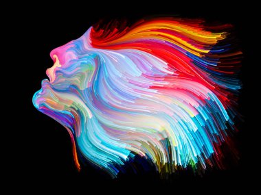 Yüz renk serisi. İnsan profili ve yaratıcılık, tasarım, iç dünya, içgüdü ve sanatsal ruh konusunda boya hareketli renkli çizgiler soyut tasarım yapılmış