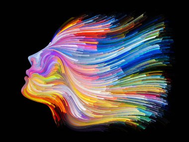 Renk serisinin yüzü. İnsan profilinin düzenlenmesi ve yaratıcılık, tasarım, iç dünya, insan doğası ve sanatsal ruh konularında renkli çizgiler