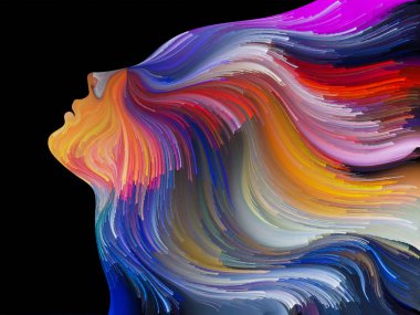 Yüz renk serisi. Zemin insan profili ve yaratıcılık, tasarım, iç dünya, içgüdü ve sanatsal ruh konusunda boya hareketli renkli çizgiler