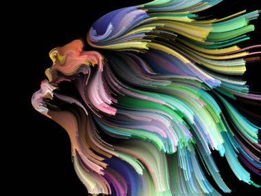 Yüz renk serisi. İnsan profili ve yaratıcılık, tasarım, iç dünya, içgüdü ve sanatsal ruhu projelerde kullanılmak üzere boya hareketli renkli çizgiler arka plan yapılmış