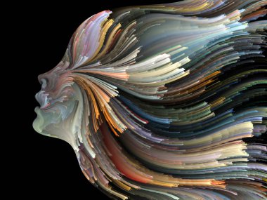 Yüz renk serisi. Zemin tasarımı insan profili ve boya işleri yaratıcılık, tasarım, iç dünya, insan doğası ve sanatsal ruhu için hareketli renkli çizgiler