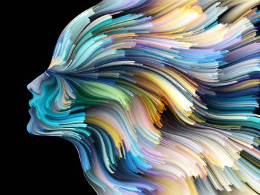 Yüz renk serisi. İnsan profili ve yaratıcılık, tasarım, iç dünya, içgüdü ve sanatsal ruh konusunda boya hareketli renkli çizgiler