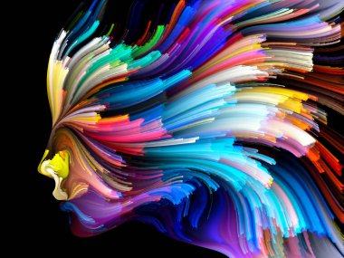 Yüz renk serisi. Zemin insan profili ve boya hareketli renkli çizgiler oluşmaktadır ve yaratıcılık, tasarım, iç dünya, içgüdü ve sanatsal ruhu projelerde kullanıma uygun