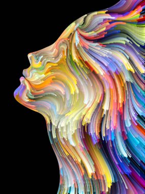 Yüz renk serisi. İnsan profili ve yaratıcılık, tasarım, iç dünya, içgüdü ve sanatsal ruhu projelerde kullanılmak üzere boya hareketli renkli çizgiler arka plan yapılmış