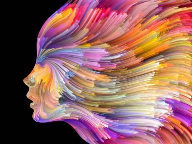 Yüz renk serisi. İnsan profili ve yaratıcılık, tasarım, iç dünya, içgüdü ve sanatsal ruhu projelerde kullanılmak üzere boya hareketli renkli çizgiler arka plan yapılmış