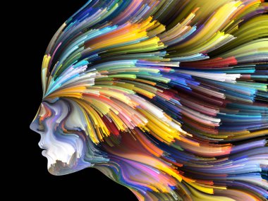 Yüz renk serisi. İnsan profili ve yaratıcılık, tasarım, iç dünya, içgüdü ve sanatsal ruhu boya mecazi ilişki ile hareketli renkli çizgiler bileşimi