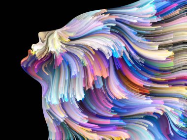 Yüz renk serisi. İnsan profili ve yaratıcılık, tasarım, iç dünya, içgüdü ve sanatsal ruhu boya mecazi ilişki ile hareketli renkli çizgiler bileşimi