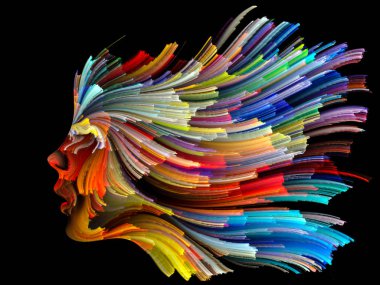 Yüz renk serisi. İnsan profili ve boya düzenleri yaratıcılık, tasarım, iç dünya, insan doğası ve sanatsal ruhu içinde uygun hareketli renkli çizgiler görsel olarak çekici zemin yaptı