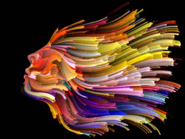 Yüz renk serisi. İnsan profili ve yaratıcılık, tasarım, iç dünya, içgüdü ve sanatsal ruh konusunda boya hareketli renkli çizgiler