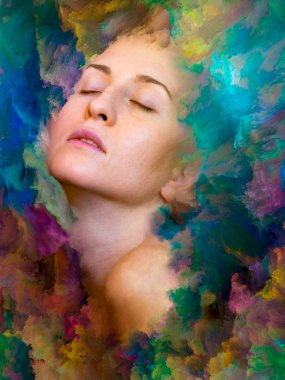 Dünya serisi. Duygular, duygular, iç dünya, yaratıcılık ve hayal gücü konularında bir metafor olarak kadın portresiyle birleştirilmiş bir tasarım.