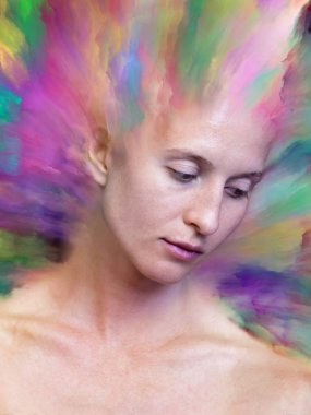 Dünya serisi. Duygular, duygular, iç dünya, yaratıcılık ve hayal gücü konularında kadın portresiyle birleştirilmiş soyut tasarım.