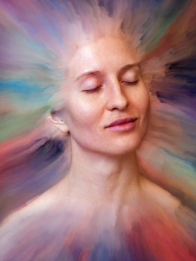Onun Dünya serisi. Kadın portre konusu duygular, duygular, iç dünya, yaratıcılık ve hayal gücü için canlı boya ile erimiş grafik bileşimi