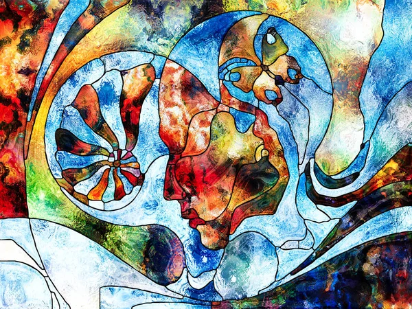Stained Glass Forever Человеческие Профили Символами Ракушки Бабочки Нарисованные Органическими — стоковое фото