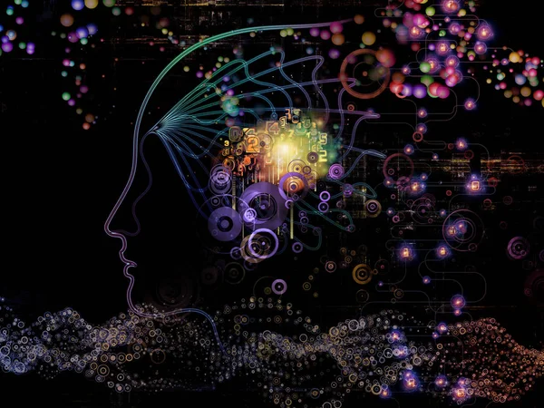 Digital Mind series. Composition of  silhouette of human face and technology symbols to serve as backdrop for projects on computer science, artificial intelligence and communications