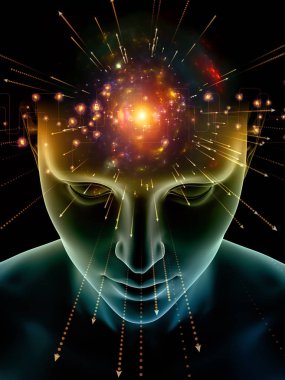 Zihin dizi elemanları. insan kafası ve sembolleri bilim, eğitim ve zihin gücü konusunda teknolojinin 3D çizimi