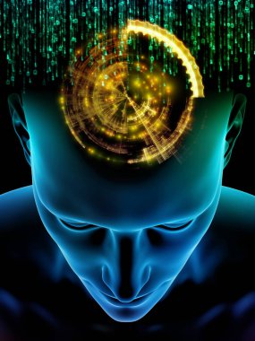 Zihin dizi elemanları. insan kafası ve sembolleri bilim, eğitim ve zihin gücü konusunda teknolojinin 3D çizimi