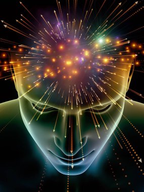 Zihin dizi elemanları. insan kafası ve sembolleri bilim, eğitim ve zihin gücü konusunda teknolojinin 3D çizimi