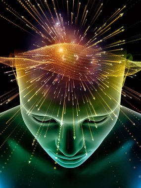 Zihin dizi elemanları. insan kafası ve sembolleri bilim, eğitim ve zihin gücü konusunda teknolojinin 3D çizimi