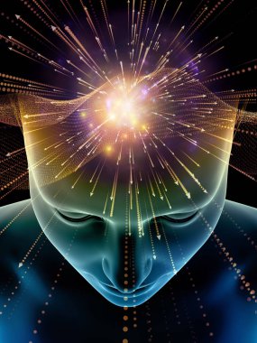 Zihin dizi elemanları. insan kafası ve sembolleri bilim, eğitim ve zihin gücü konusunda teknolojinin 3D çizimi