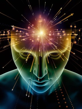 Zihin dizi elemanları. insan kafası ve sembolleri bilim, eğitim ve zihin gücü konusunda teknolojinin 3D çizimi