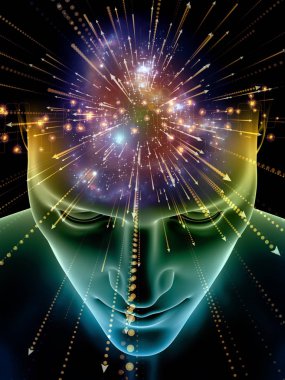 Zihin dizi elemanları. insan kafası ve sembolleri bilim, eğitim ve zihin gücü konusunda teknolojinin 3D çizimi